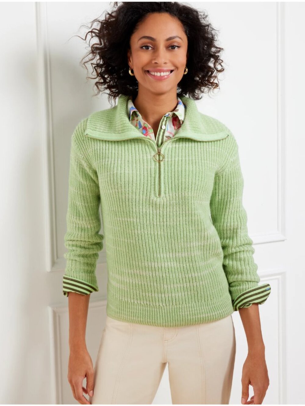TALBOTS Zip Collar Sweater in Lime Green Size XL